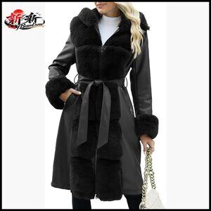 Women's Wool Pea Coat Faux Fur Jacket Winter Warm Parka Overcoat with Belt